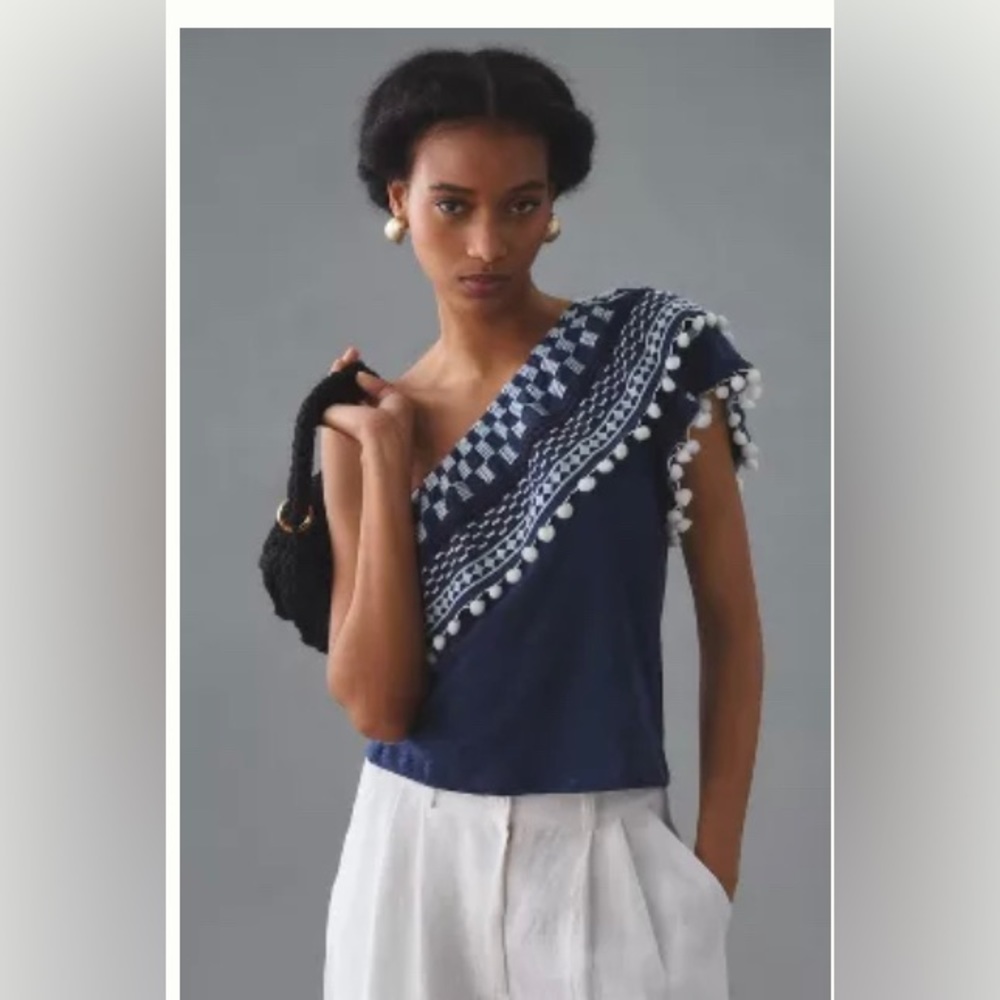 NWT by Anthropologie blue one shoulder with white embroidery and pom pom Small